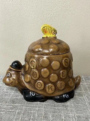 Vintage Turtle Cookie Jar USA Ceramic Kitchen Storage 70s Butterfly Hat Tortoise - Image 1 of 4