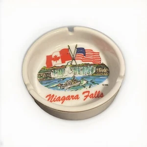 VTG Niagara Falls white round Ashtray Canada/American Flags - Picture 1 of 7