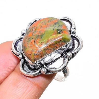 Anello In Argento Sterling 925 Fatto A Mano In Gemma Unakite Misura 9 - Immagine 1 di 4