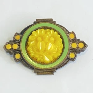 Vintage Antique Art Deco Brooch Pin Yellow Celluloid Floral Enamel C Clasp - Picture 1 of 12