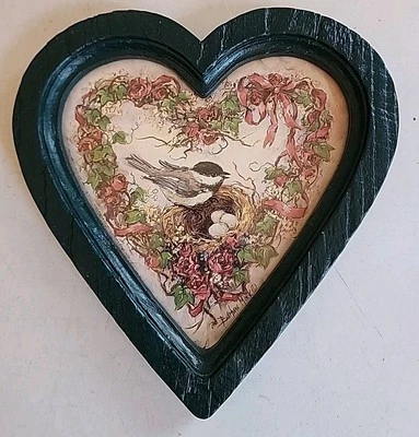 Vintage Barbara Mock Heart-Shaped Framed Print of Bird Nest & Flowers 1987 - Image 1 of 2
