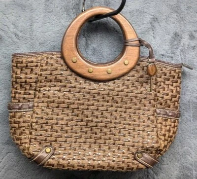 Bolso de Hombro Fossil Madera Paja Marrón Madera Anillo Asas Colorido Interior. En muy buena condición Foto 1 de 4