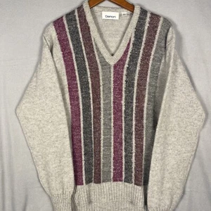 Vintage Damon Wool Sweater Mens Large Gray Striped Made in England READ - Picture 1 of 9