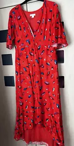 Monsoon Red Print Short Sleeve Midi Dress Size 16. Twist Neckline. Needs Repair - Picture 1 of 8