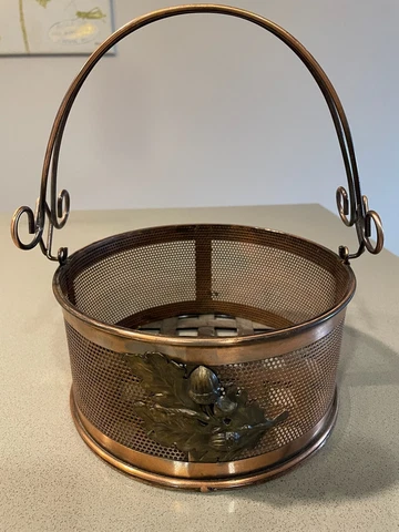 Copper Mesh Basket with Raised Acorns Emblem on Front & Copper Wire Handle, EUC Cover