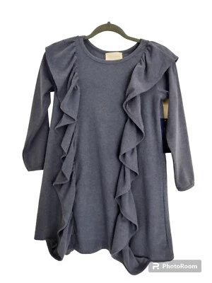 NWT Mabel & Honey Girls Dress soft woven Size 8 Long Sleeve Ruffle Gray Blue - Image 1 of 4