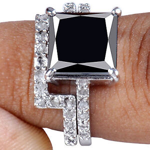 5+Ct Black Moissanite & White Natural Raw Diamond 925 Silver Bridal Ring Size 7