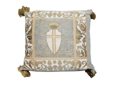Vintage Throw Pillow Champagne Gray Ivory Cross Decorative Indoor AccentTassels - Image 1 of 4