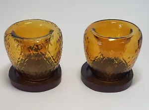2 Starbucks Amber Glass Tea Lights with Wooden Trivet Base 2013 Quilted Glass - Picture 1 of 19