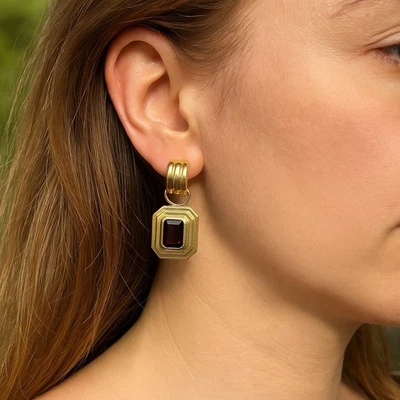 Vintage Hoop Garnet Earrings  Estate Fine Jewelry Pre-Owned 14K 18K Gold - Image 1 of 4