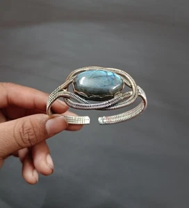Handmade Labradorite Gem Bangle Wire Wrapped Adjustable Sterling Silver Bangle - Picture 1 of 5
