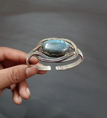 Handmade Labradorite Gem Bangle Wire Wrapped Adjustable Sterling Silver Bangle - Image 1 of 4