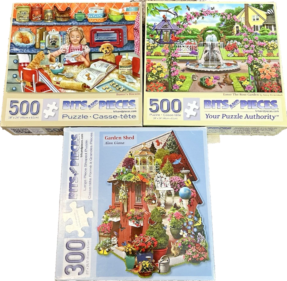 Lote de rompecabezas de 300 y 500 piezas de brocas y piezas COMPLETO en forma de hornear de jardín Foto 1 de 4