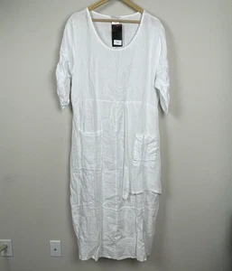 Nuevo con etiquetas Vestido Midi Hecho en Italia Blanco Lino XL Detalle de Malla Ropa de Resort Costera - Imagen 1 de 6