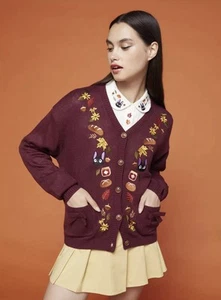 Studio Ghibli Kiki's Delivery Service Jiji Autumn Burgundy Cardigan Size Small - Picture 1 of 9
