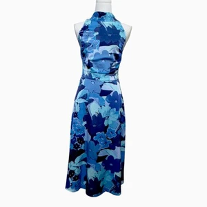 Tahari ASL Tie-Back Sleeveless Midi Halter Dress Blue Floral 10P Feminine NWT - Picture 1 of 12