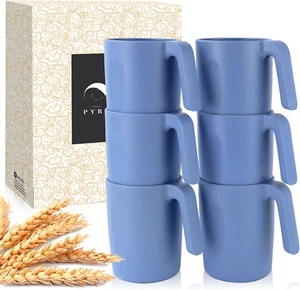 Wheat Straw Cups - Mug Set of 6, 16 Oz Reusable Plastic Mugs with Handles - Picture 1 of 12