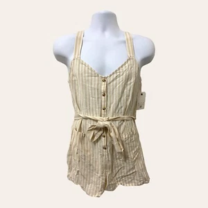 Billabong All Happening Beige Striped Tie-Front Shorts Romper Sz M Straps NWT - Picture 1 of 12