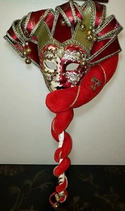 LARGE 24.5" TALL VENETIAN MASK SHEET MUSIC GOLD BELLS RED VELVET SILK ITALY - Picture 1 of 10
