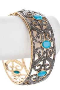 Natural Rosecut Diamond Turquoise Handmade Wedding Victorian Bangle Jewelry - Picture 1 of 1