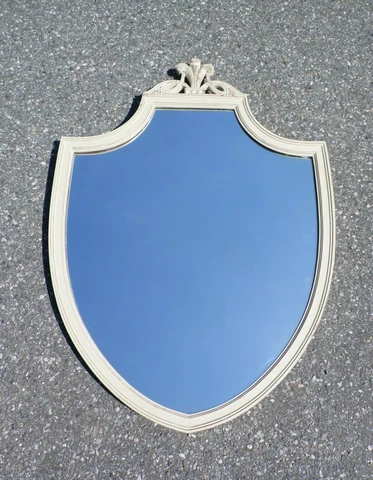 Vintage Federal Style Large Aged White Washed Distressed Wood Shield Wall Mirror Cover