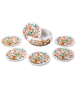 Marble coaster set semi precious stones inlay floral Work Handmade - Picture 1 of 2
