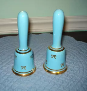 Antique Porcelain Salt and Pepper Bells Blue with Gold Ribbons 2 in set 50's - Picture 1 of 4