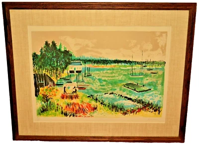 YOLANDE ARDISSONE Vintage Original Signed Boat Harbor Coast Landscape Lithograph - Image 1 of 4