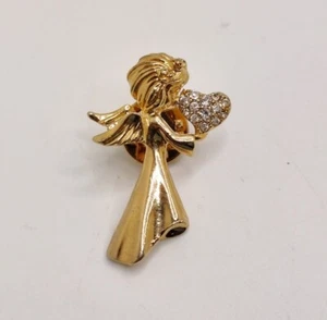 Vintage Engel Herz Anstecknadel Brosche Strass goldfarben gemarkt NR - Bild 1 von 10