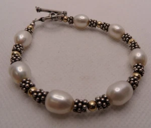 Vintage NF STERLING SILVER 925 14K YELLOW GOLD PEARL BEADED BRACELET 7.5"L 17.2g - Picture 1 of 6