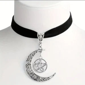 Gothic Crescent Moon Pentagram Choker Necklace - Black Velvet & Silver Charm - Picture 1 of 6