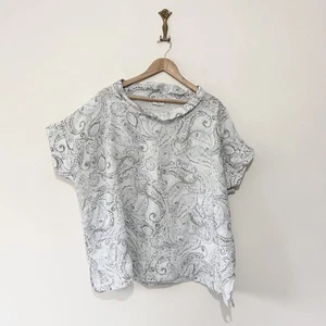 East 100 % Leinen Bardot Ausschnitt Top 60" Brustumfang L weiß blau Paisley Lagenlook - Bild 1 von 10