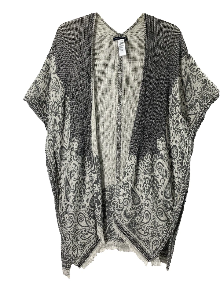 American Eagle Boho Duster Cardigan Womens One Size Black White Floral Fringe - Image 1 of 4