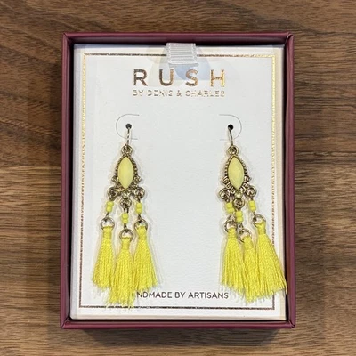 RUSH By Denis & Charles Boho Dangle Yellow Tassel Drop Earrings Handmade NEW - Image 1 of 4