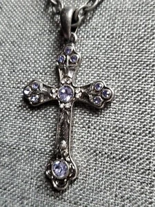  Lavender Faceted Glass Embellished Silver Tone Cross Necklace - Picture 1 of 6