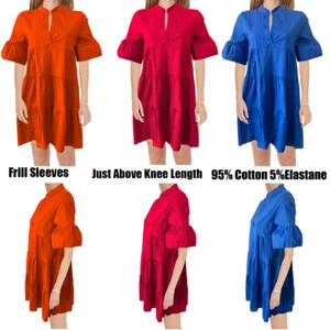 Ladies Short Sleeve Smock Dress Women Frill Layered Summer Swing MINI DRESS - Picture 1 of 15