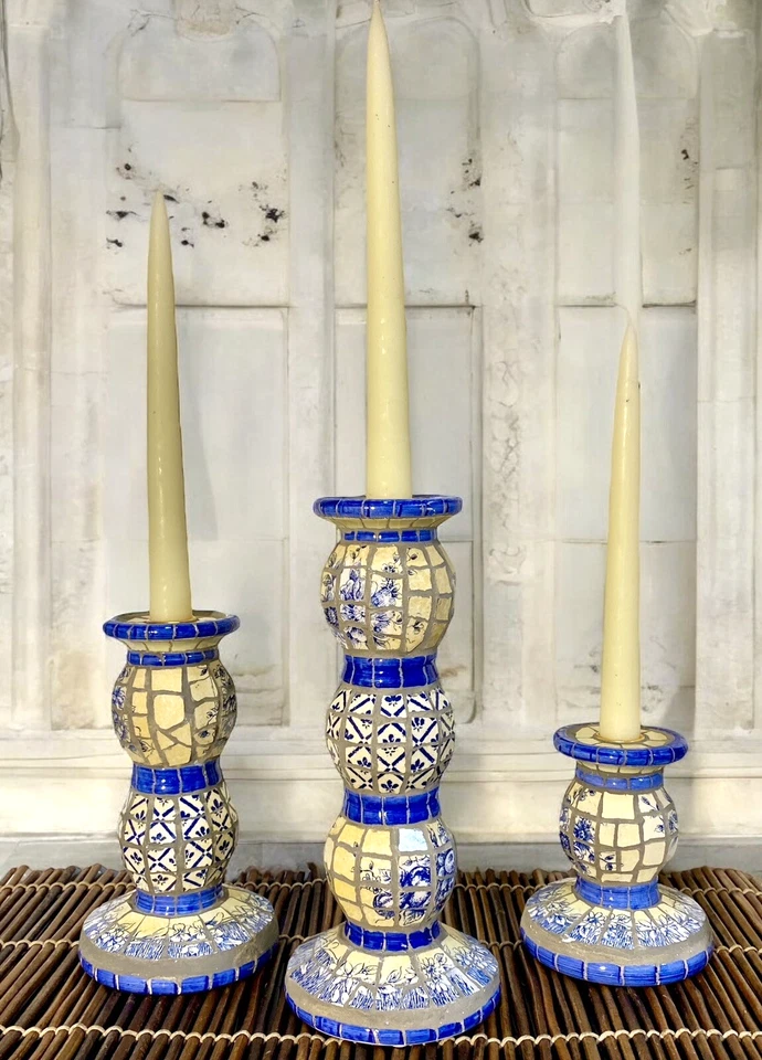 Set of 3 Mosaic Tile Candle Holders Mexican Folk Art Blue Boho Vintage Decor - Image 1 of 4