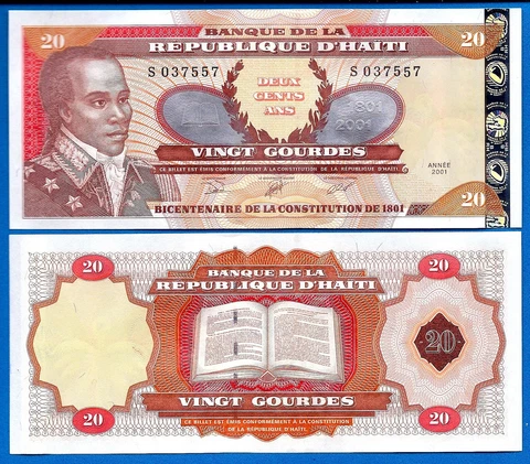 Haiti 20 Gourdes Year 2001 World Currency Money Uncirculated Banknote Cover
