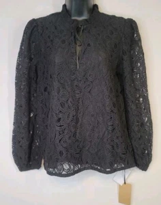 NWT Halogen Tie Front Lace Cotton Blend Blouse  XS Black $78 - Picture 1 of 6