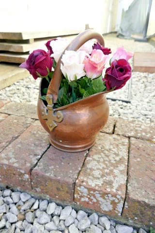 Vintage Copper Garden Planter Pot Brass Fittings Miniature Coal Scuttle Shape Cover