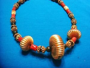 Vintage Gold tone Red Coral Jade Asian Rondelle beaded necklace