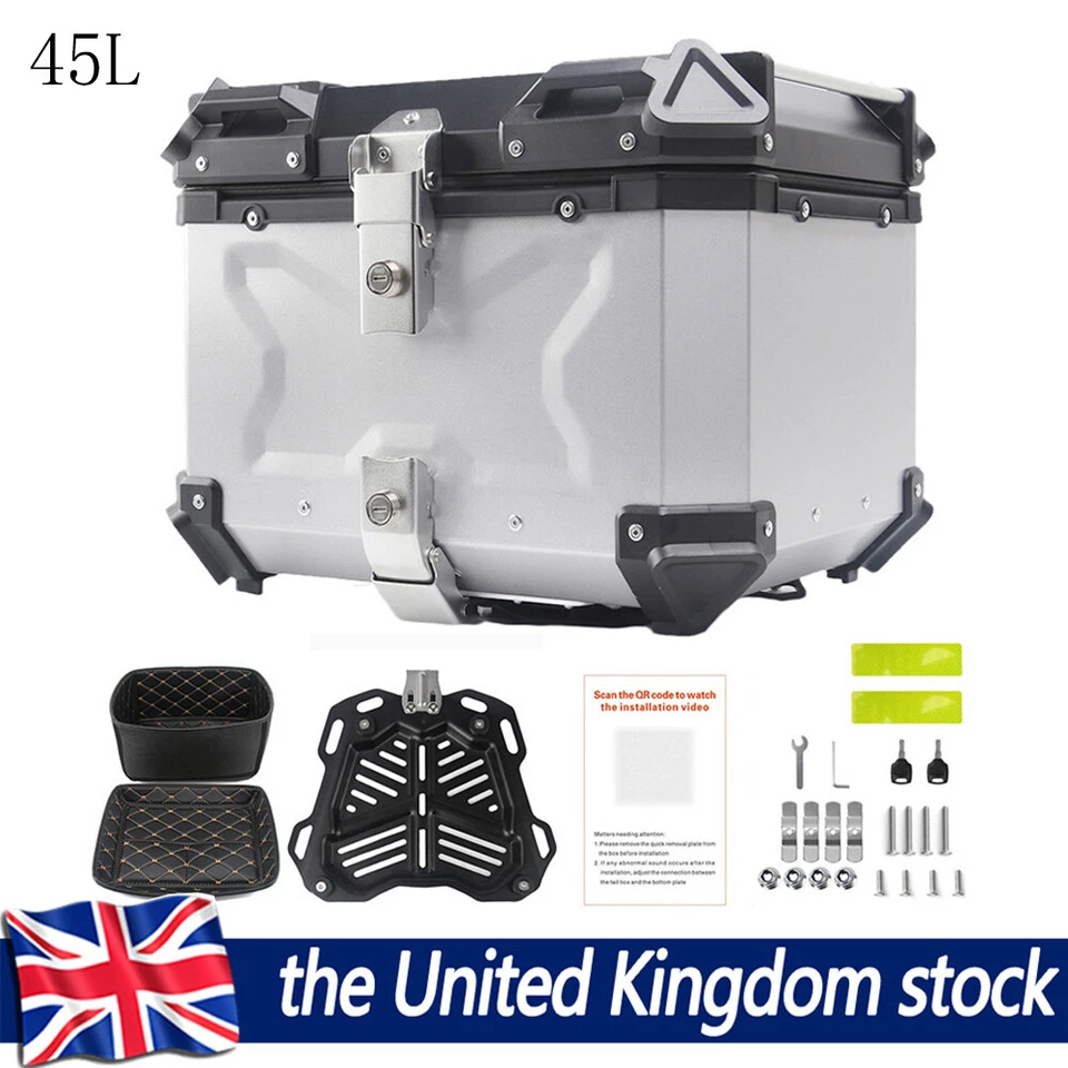 45L Motorcycle Rear Top Box Luggage Aluminium Tail Carrier Case Universal Silver - Image 1 of 4