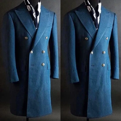 Abrigo azul liso para hombre con solapa de pico cálido cachemir negocios traje largo chaqueta Foto 1 de 4