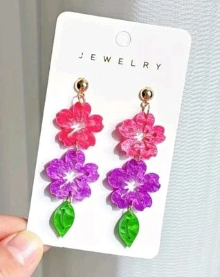 Pendientes Colgantes Acrílicos Florales Oro Brillo Lindos Primavera Verano Flores de Hibisco. Foto 1 de 4