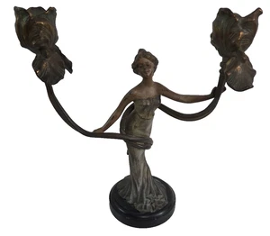 Art Nouveau Figurative Bronze Metal Candelabra Candle Holder Sculpture Vintage - Picture 1 of 17