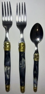 Jean Dubost Laguiole Bee Black Marble Stainless 2 Dinner Forks 1 Teaspoon France - Picture 1 of 10