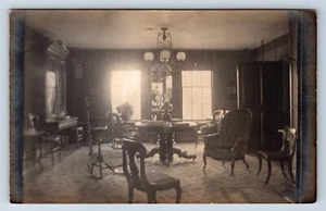Vintage RPPC Interior of Victorian Home Dining Room Ornate Furniture Lamp T23 - Picture 1 of 2