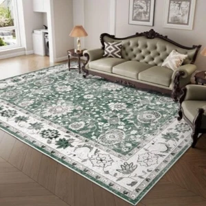 Machine Washable Area Rug 5'x7' Vintage Design Green Low Pile Non Slip - Picture 1 of 4