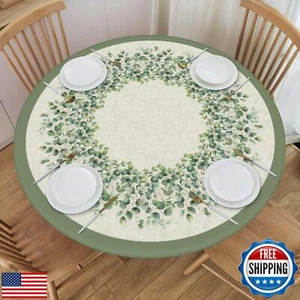 Spring Summer Sage Green Leaf Floral Round Tablecloth Watercolor Eucalyptus L - Picture 1 of 5