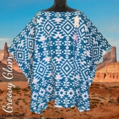 GROOVY GLAM Blue SW Aztec Handmade Plush Poncho - Image 1 of 3